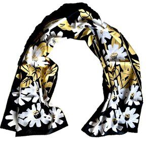 Vintage VERA Neumann SCARF Retro FLOWER Daisies 14"x42" Black GOLD White